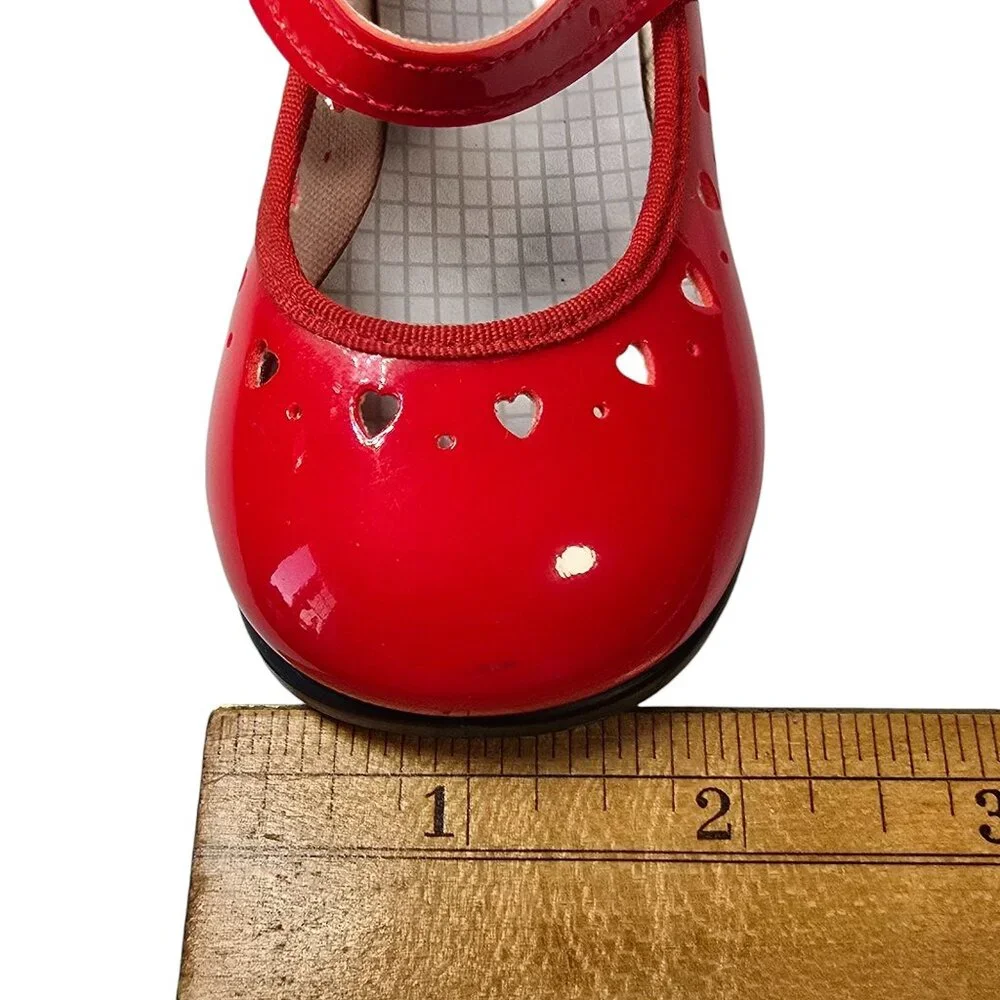 VTG Red Patent Leather Look Baby Girl Mary Jane Shoes Heart Cutouts Buckle USA